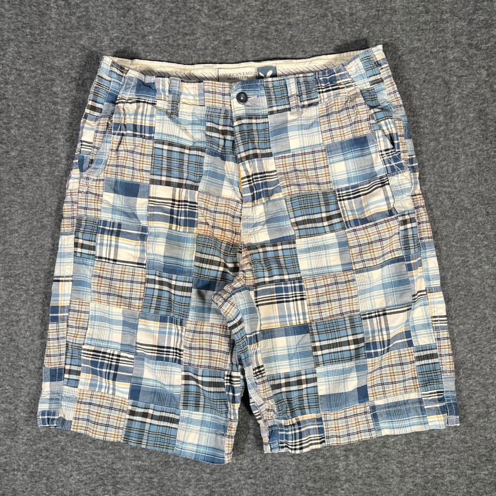 Vintage Y2K American Eagle Mens 38 Madras Blue Patchwork Plaid Shorts Baggy Prep